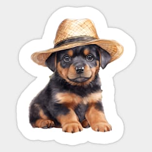 Watercolor Rottweiler Dog in Straw Hat Sticker